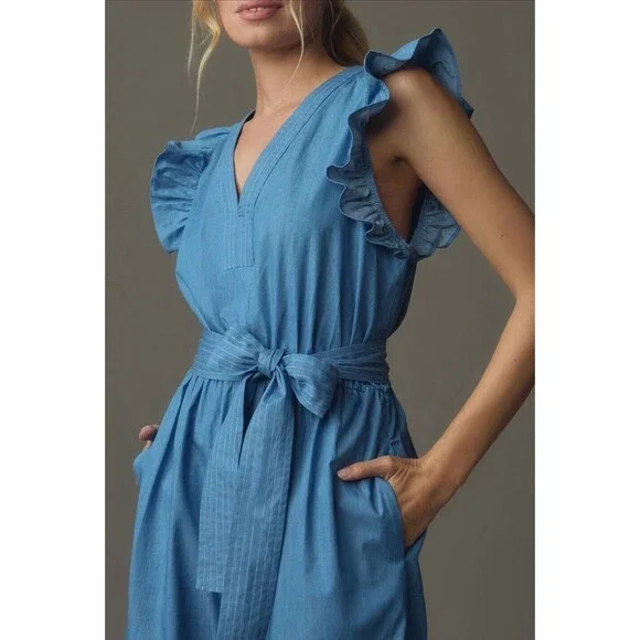 Anthropologie Hutch Jumpsuit Blue Journi Wide Leg Retro Coastal Boho Medium NWT